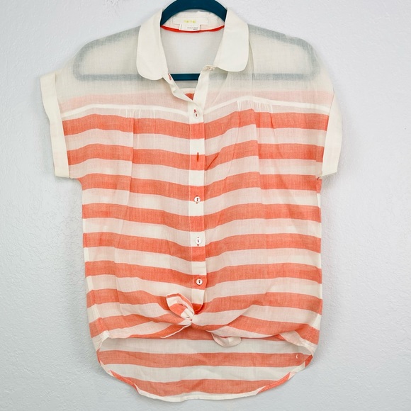 Anthropologie Hei Hei Striped Collar Button Down Sheer Cream Peach Blouse - Picture 2 of 6